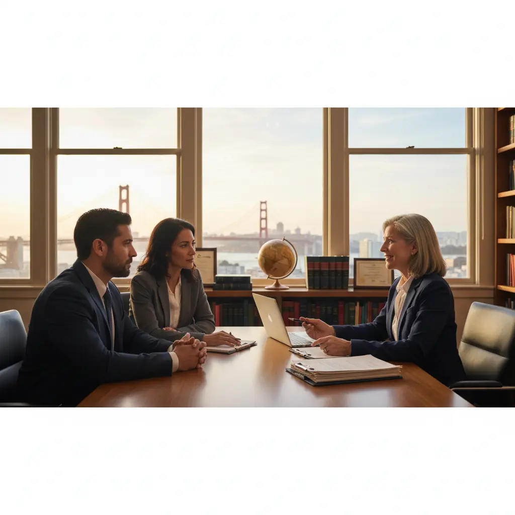 A professional estate planning lawyer in San Francisco meeting with a young couple in a high-rise office overlooking the Golden Gate Bridge to discuss wills and trusts.