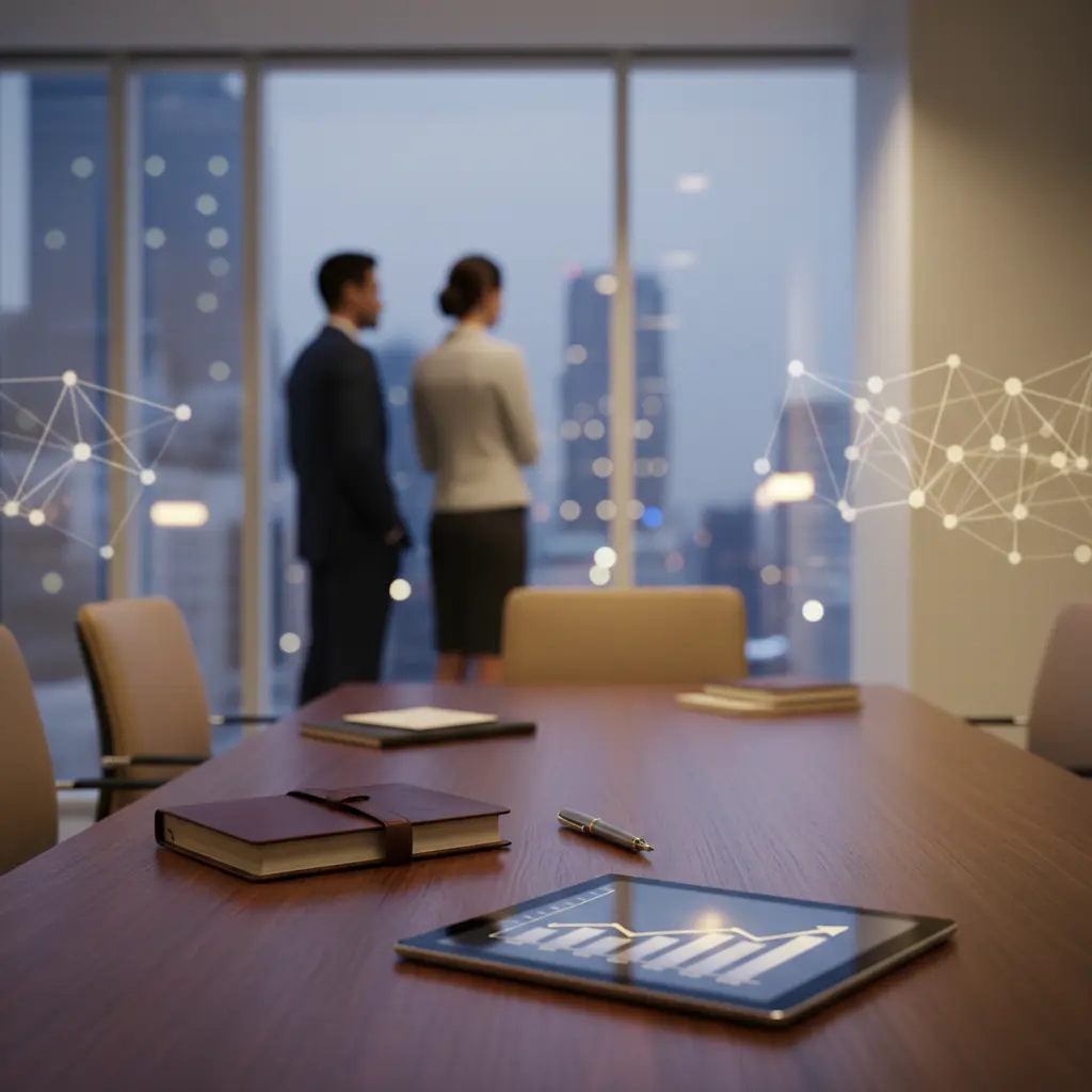 Two attorneys discuss law firm marketing strategy in a modern conference room with digital growth chart on tablet.