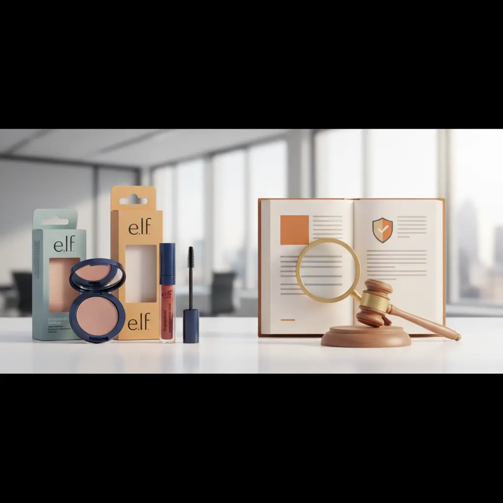 e.l.f. cosmetics products displayed on courtroom desk next to gavel and scales of justice symbolizing class action lawsuit
