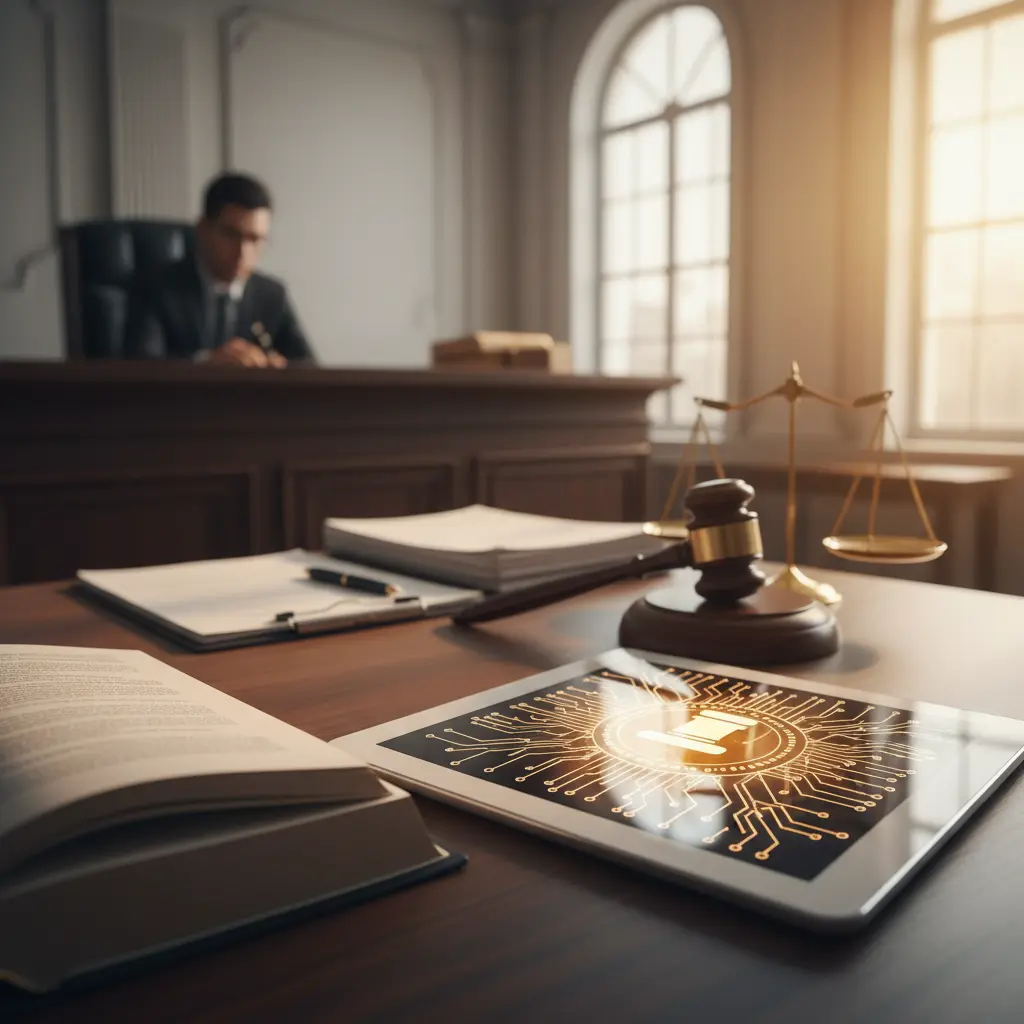 Two attorneys reviewing AI-generated legal document with fake citations on tablet screen showing justice scales and circuit board