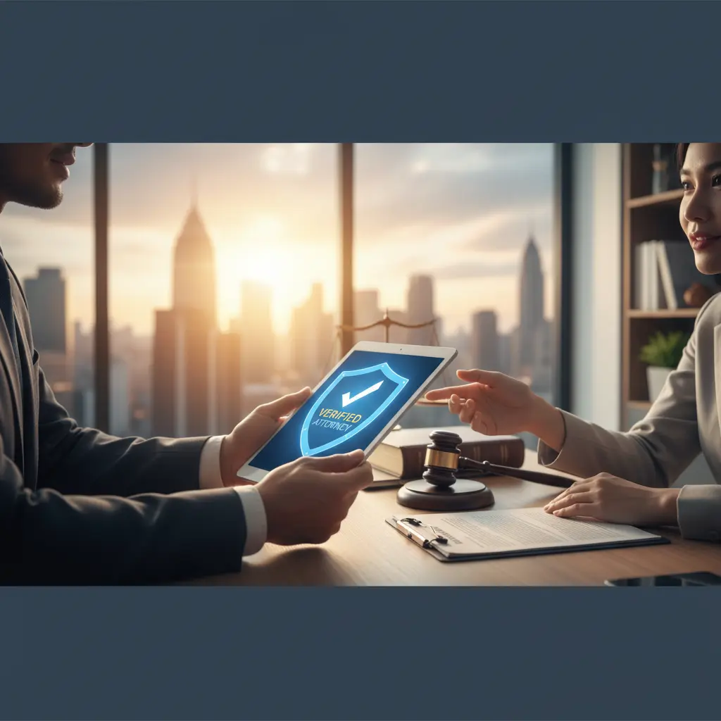 Two attorneys in a high-rise office discussing a "Verified Attorney" badge displayed on a tablet, symbolizing digital trust and professional legitimacy.