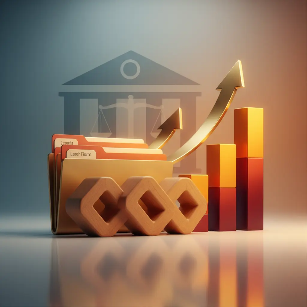 3D conceptual illustration of legal directory ROI showing gold law firm folders, a rising growth arrow, and bar charts against a courthouse background.