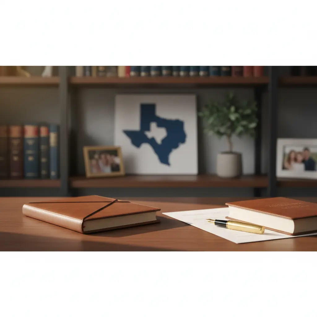 Texas estate planning attorney meeting with clients at office desk with Houston skyline in background