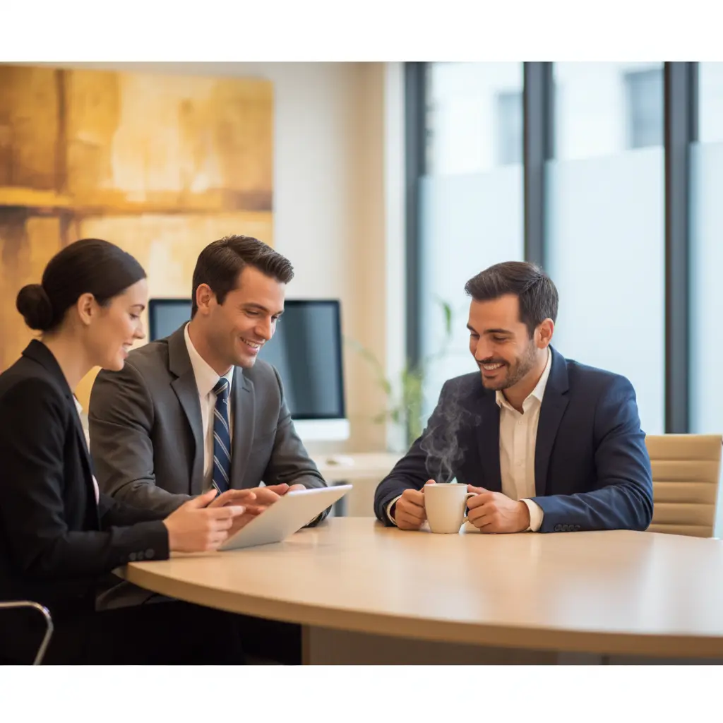 Attorneys providing a stress-free legal consultation to a smiling client using a tablet.