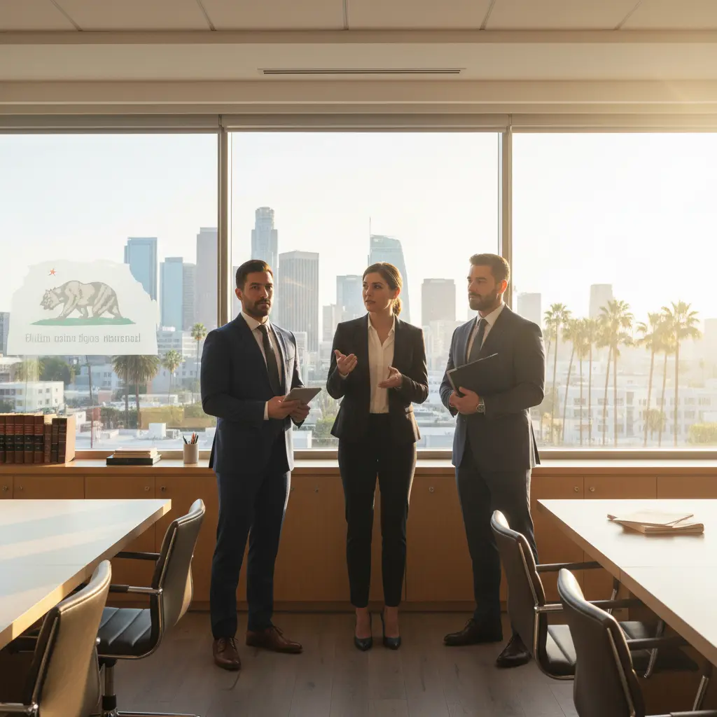 Three professional California civil litigation lawyers in a modern office overlooking the Los Angeles skyline with a California state bear logo on the window.