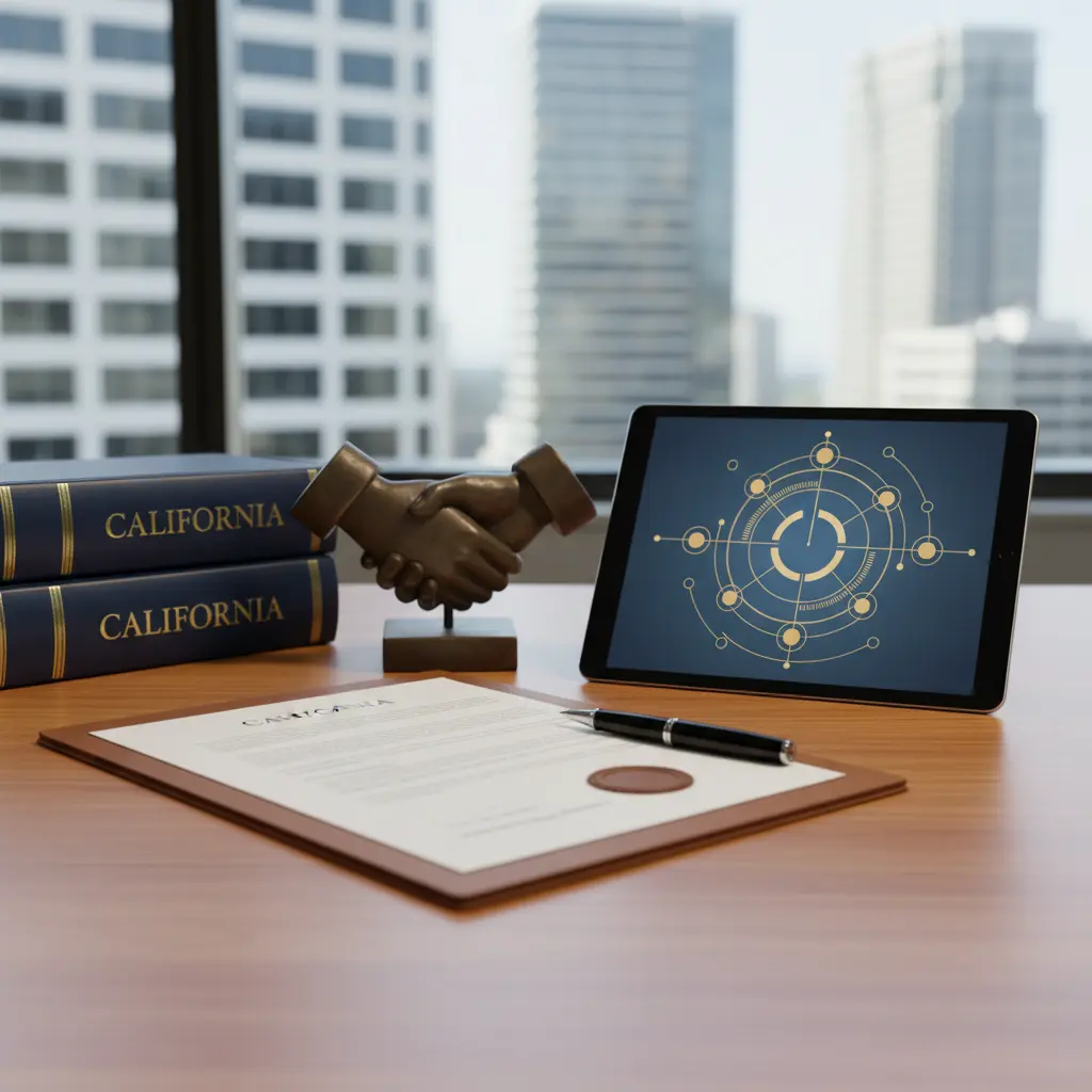 A Power of Attorney document on a clipboard in a California law office, featuring a gold bear figurine, eyeglasses, and a view of the Los Angeles skyline.