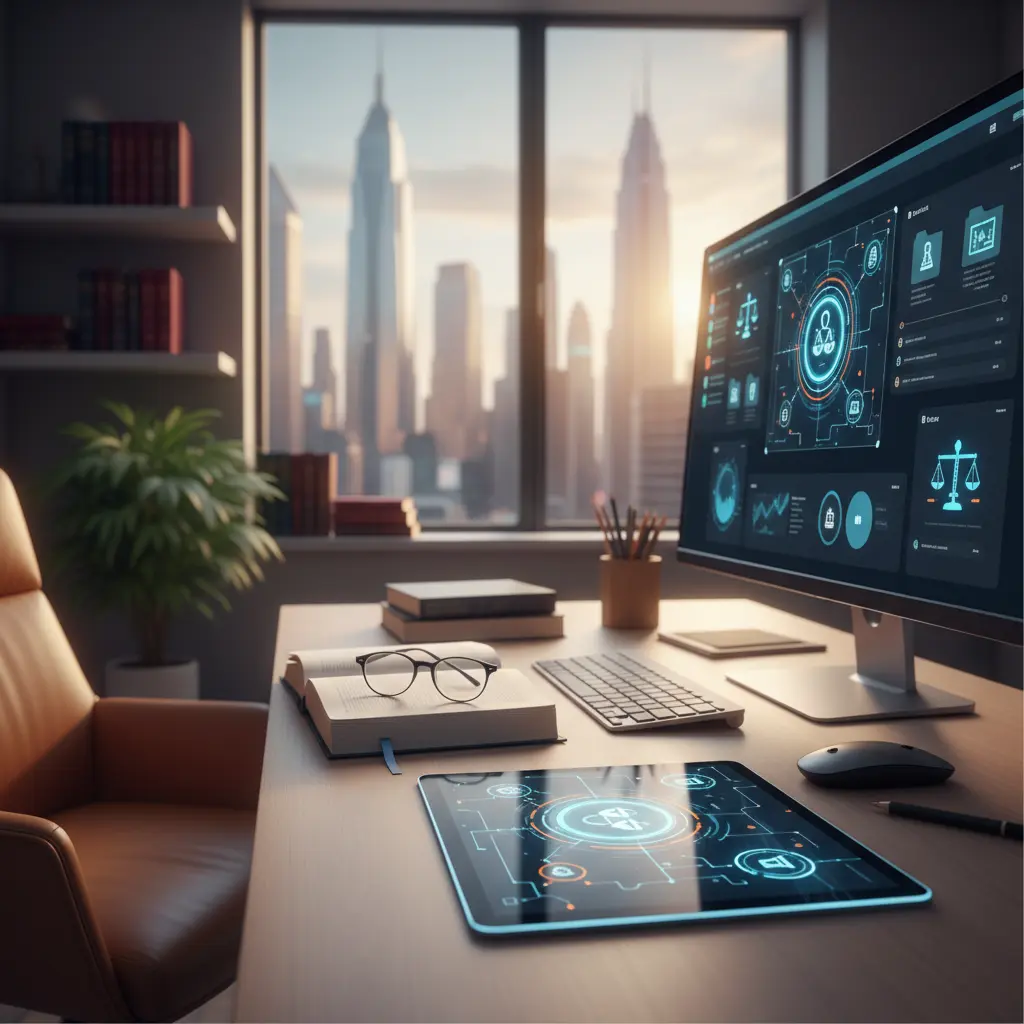 A modern legal professional's desk featuring a computer monitor and tablet displaying advanced legal tech dashboards with scales of justice icons. The office overlooks a city skyline at sunset, symbolizing a tech-integrated law firm in 2026.