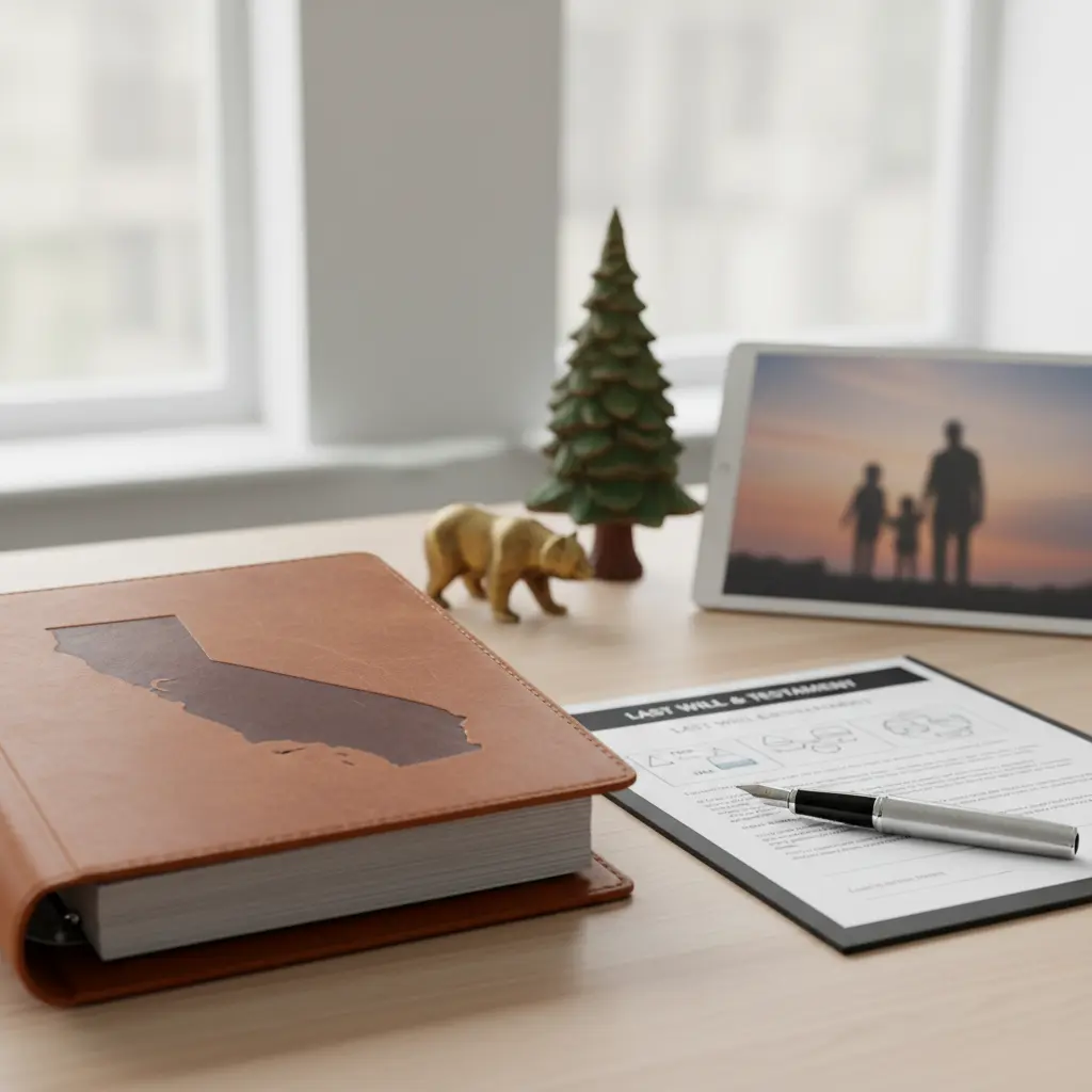 California estate planning checklist and Last Will and Testament documents on a desk, representing the 5 essential steps to protect assets and family legacy in CA.