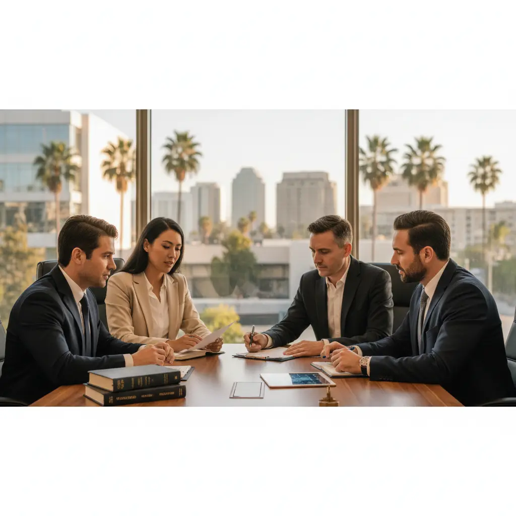 A group of professional attorneys and clients in an Irvine law office boardroom discussing a CA accident claim, overlooking the Orange County city skyline.
