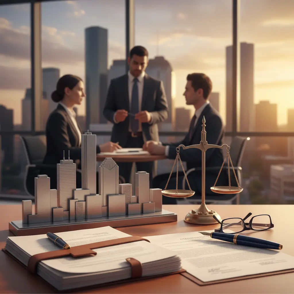 A legal office in Houston featuring a miniature city skyline and scales of justice on a desk with attorneys consulting in a high-rise background at sunset.