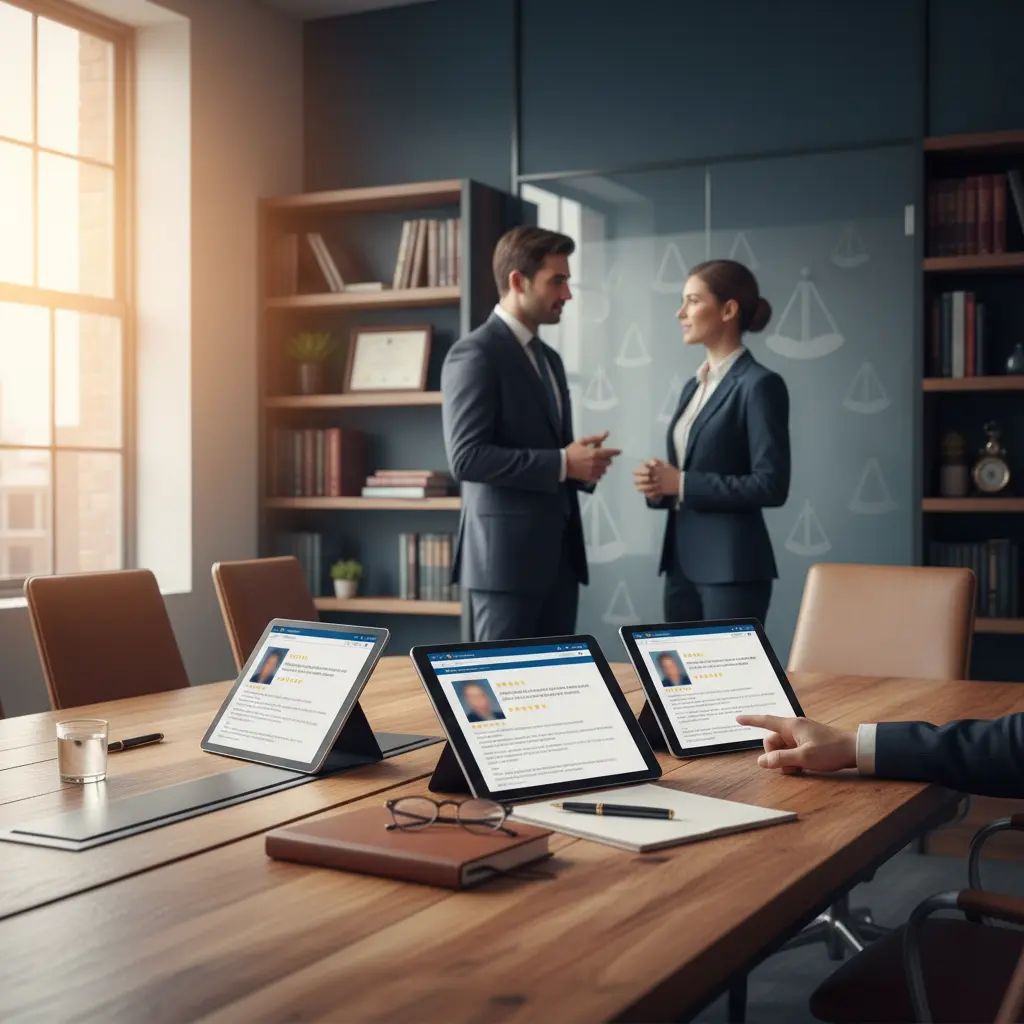 Two attorneys in a modern office discuss strategy behind a conference table displaying tablets with client reviews on AttorneyReview.com.