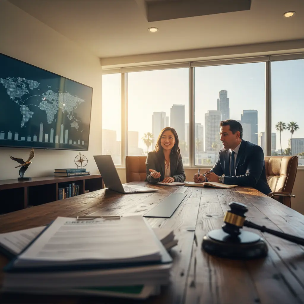 Immigration attorney consulting with a client in a Los Angeles law office with a gavel, green card documents, and a world map on screen