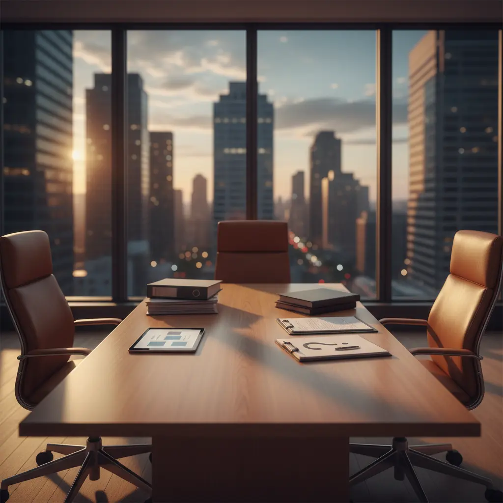 Law office conference table with legal documents and city skyline at sunset, civil litigation consultation setting