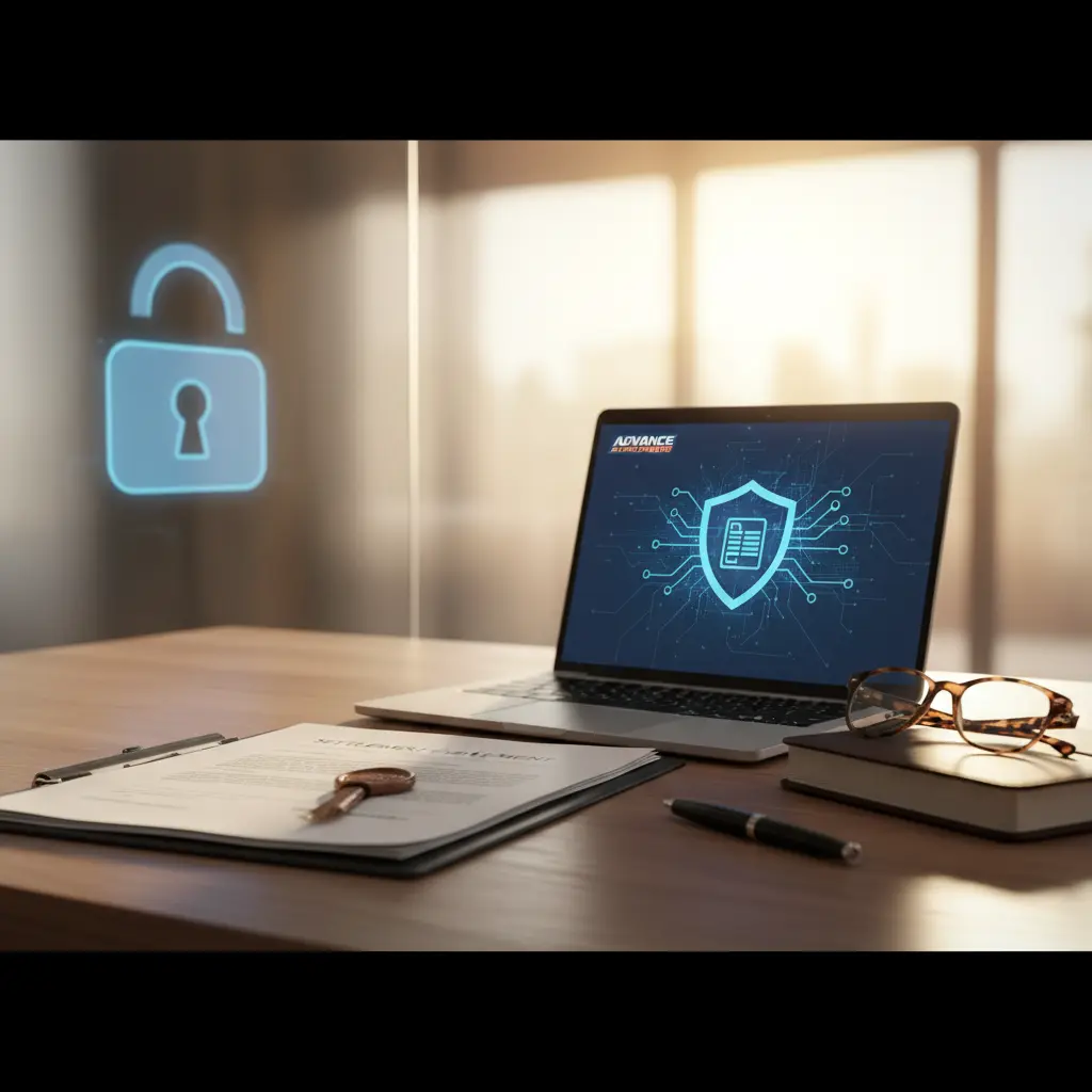 Gavel and Tablet — AAP Data Breach Settlement Legal Guide Wooden gavel and tablet displaying digital data wave on a law office desk, representing the AAP data breach settlement