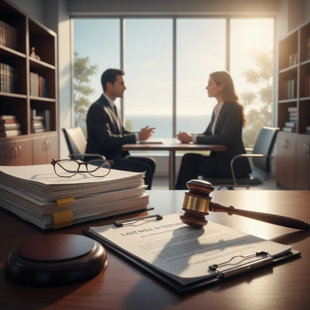 Legal professional and client discussing how to contest a will in California probate court, featuring a gavel and Last Will and Testament document.