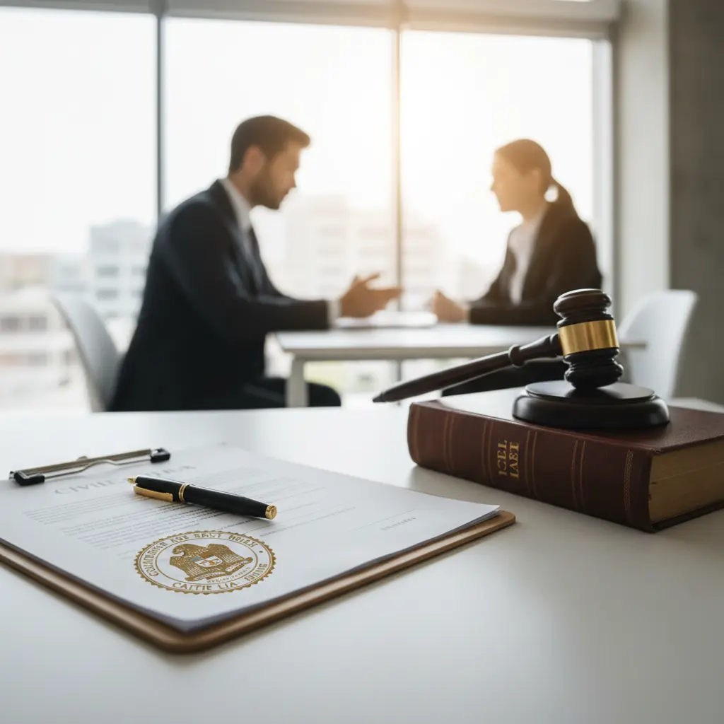 California civil litigation documents and gavel on a desk with a blurred lawyer and client discussing a small claims court case in the background.