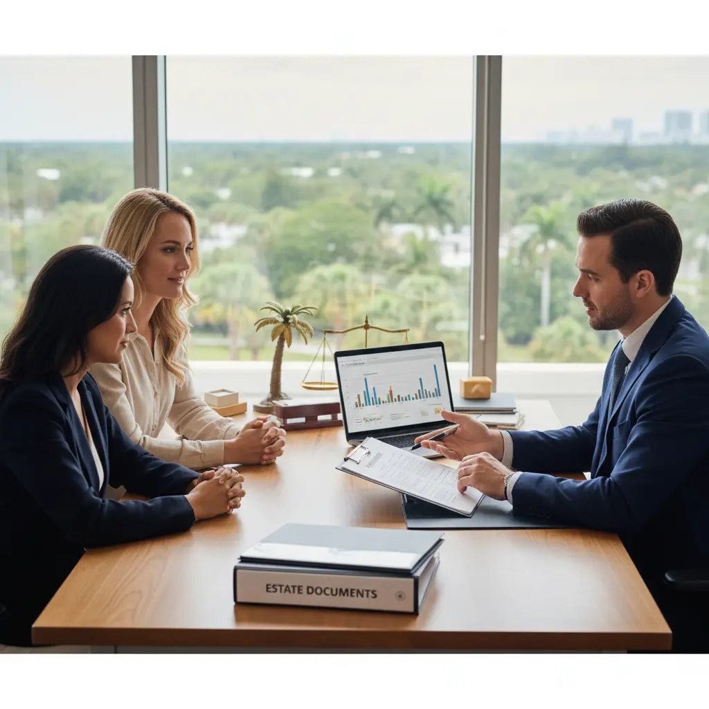 Florida estate planning attorney reviewing estate documents and costs with two clients in a Florida law office
