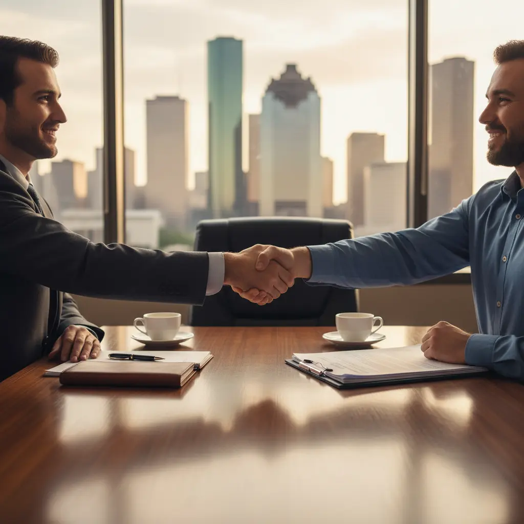 A personal injury lawyer in a suit shakes hands with a client in a Houston office overlooking the city skyline, symbolizing a successful legal partnership and agreement.