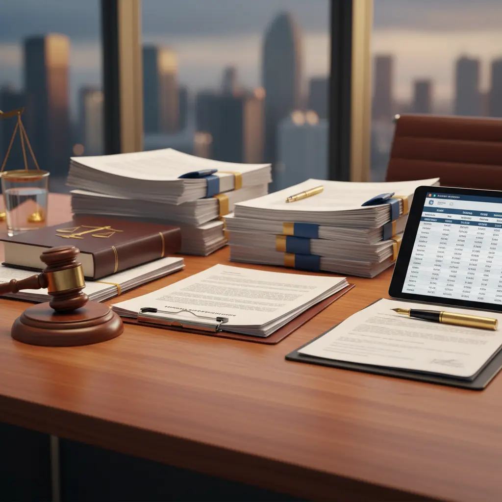 Law office desk with gavel, stacked legal documents, scales of justice, and a tablet showing a class action settlement claim spreadsheet