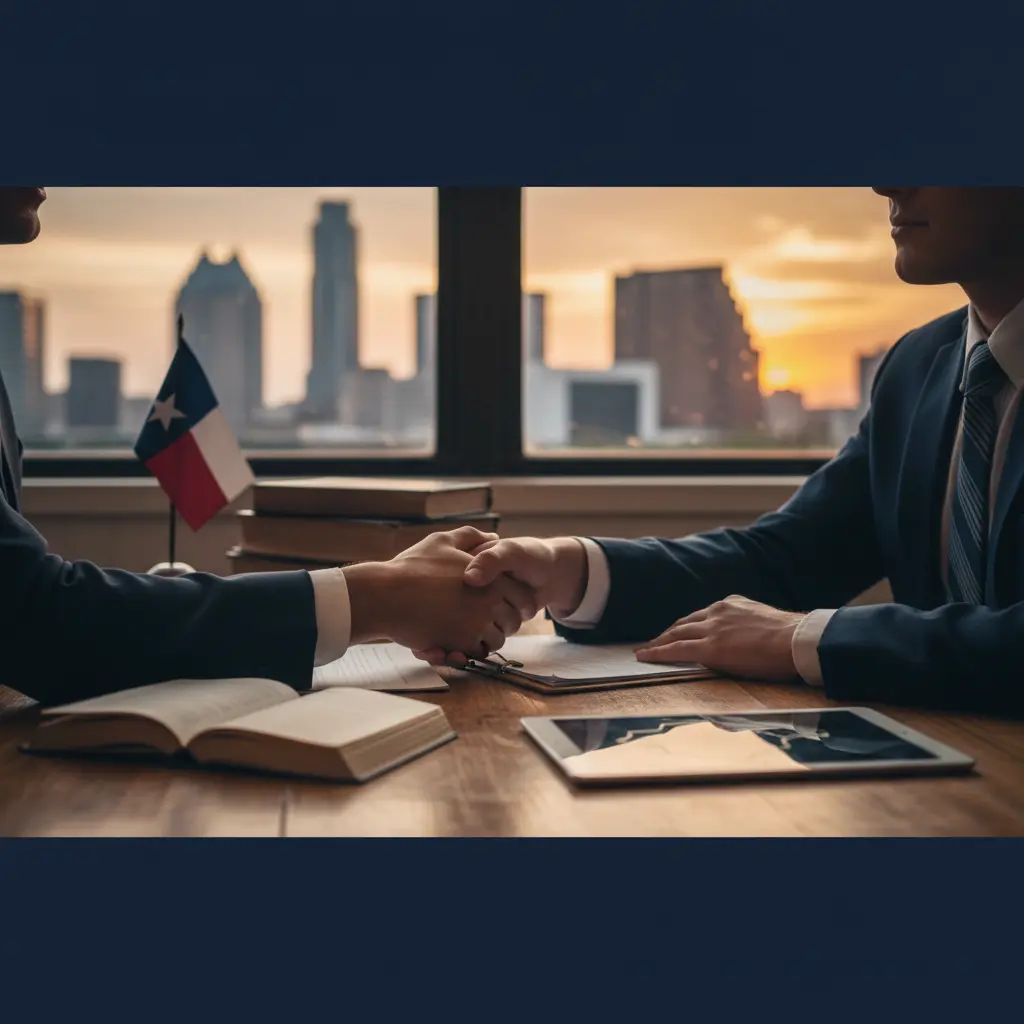 Employment law lawyer Texas handshaking to settle workplace dispute with a client in an office overlooking the Austin skyline at sunset.