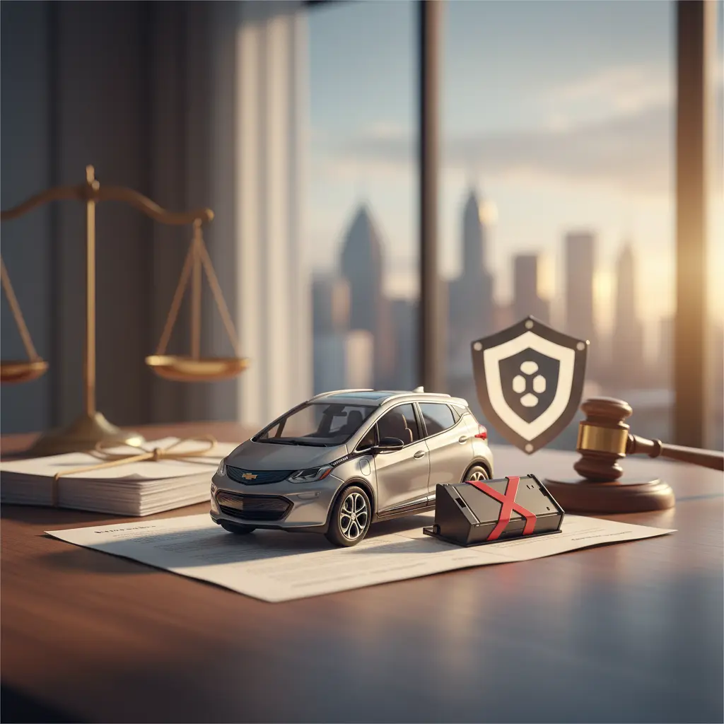 Chevy Bolt EV model car with open hood next to a signed settlement document and glowing battery icon on a desk