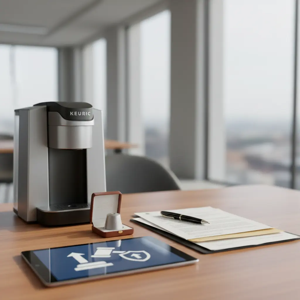 Keurig single-serve coffee maker on desk with legal scales and documents symbolizing class action settlement