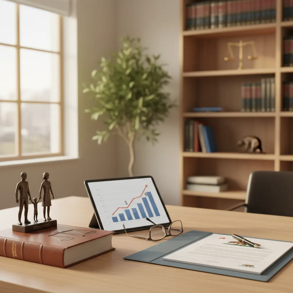 California family law attorney desk with family figurine, scales of justice, cost chart tablet, and legal documents