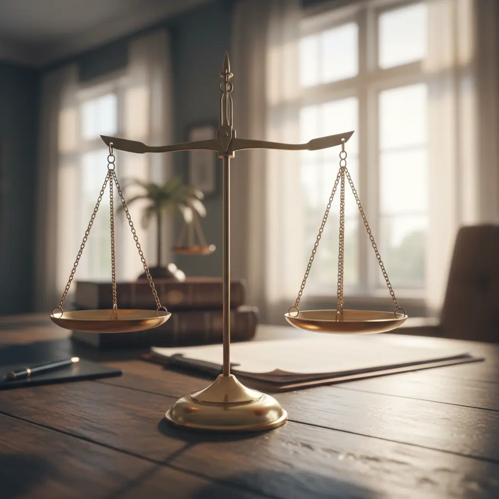 Golden scales of justice on a wooden desk in a Florida criminal defense attorney's office.