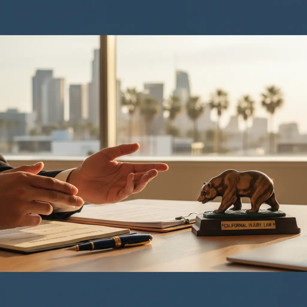 A California personal injury attorney's hands gesturing over legal documents in an office overlooking a California city skyline, featuring a bear statue labeled "California Injury Law."