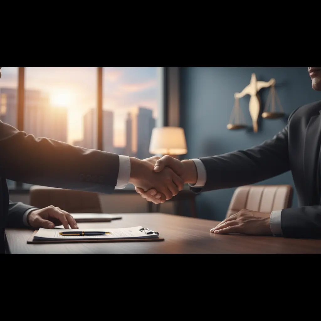 Courthouse-style law office desk with gavel, scales of justice, legal books, and digital tablet at sunrise