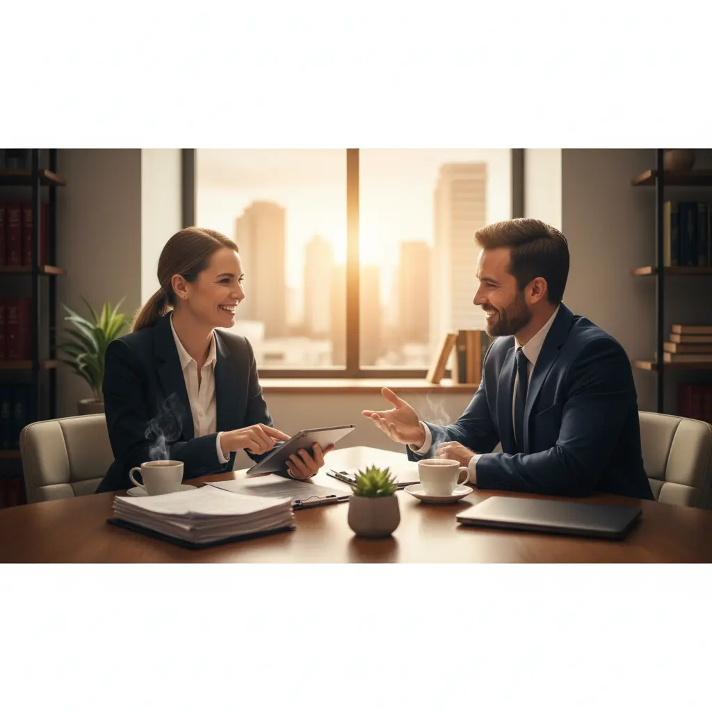 Attorney and client discussing case details over coffee, demonstrating effective legal client relationship management in a modern law office.