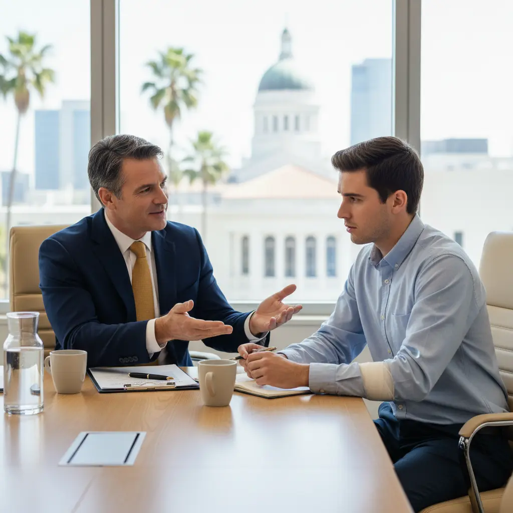 Injured female client with visible arm bandage sitting at a conference table with a male workers' compensation attorney in a legal library setting, holding case documents. Background features books and a California state flag, illustrating a client consultation for a work injury claim.