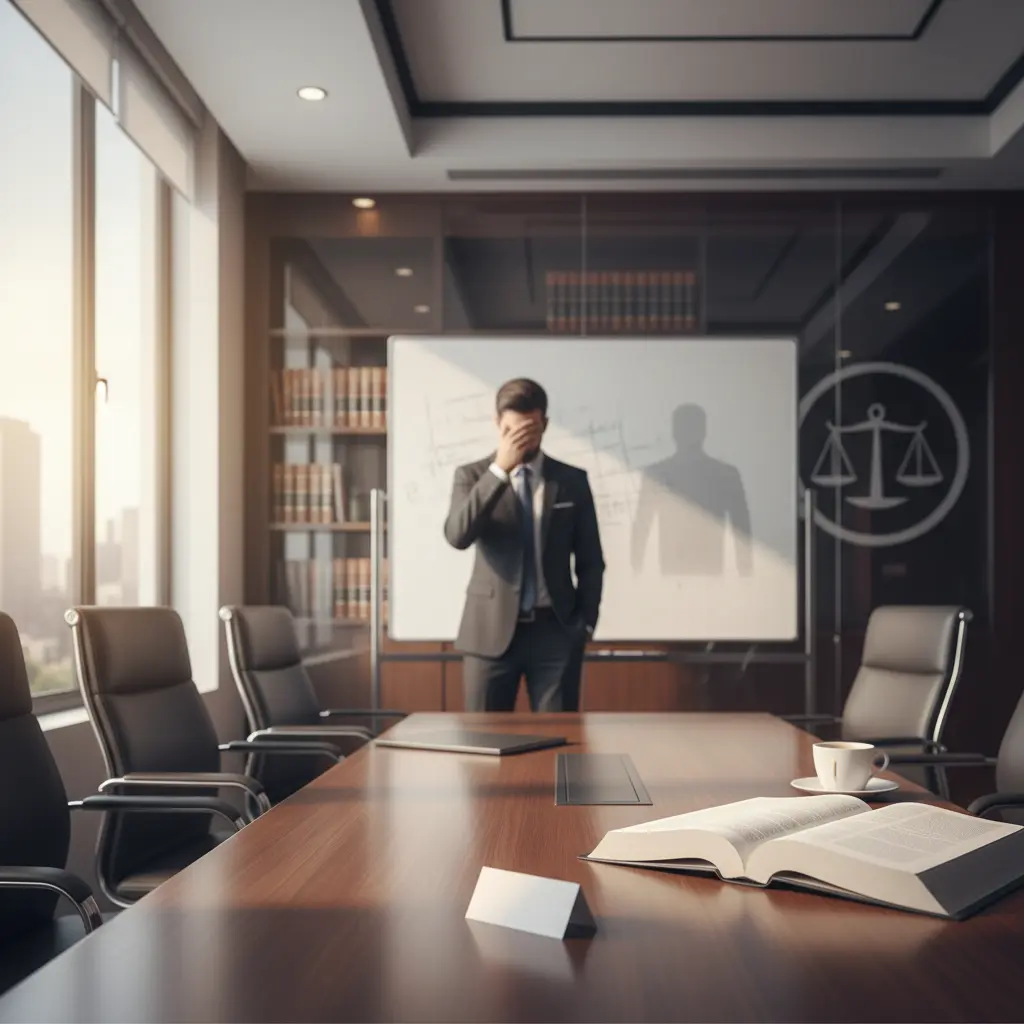 Stressed male attorney in a law firm boardroom holding his head in his hand, illustrating the frustration and financial loss of a failing personal brand strategy.