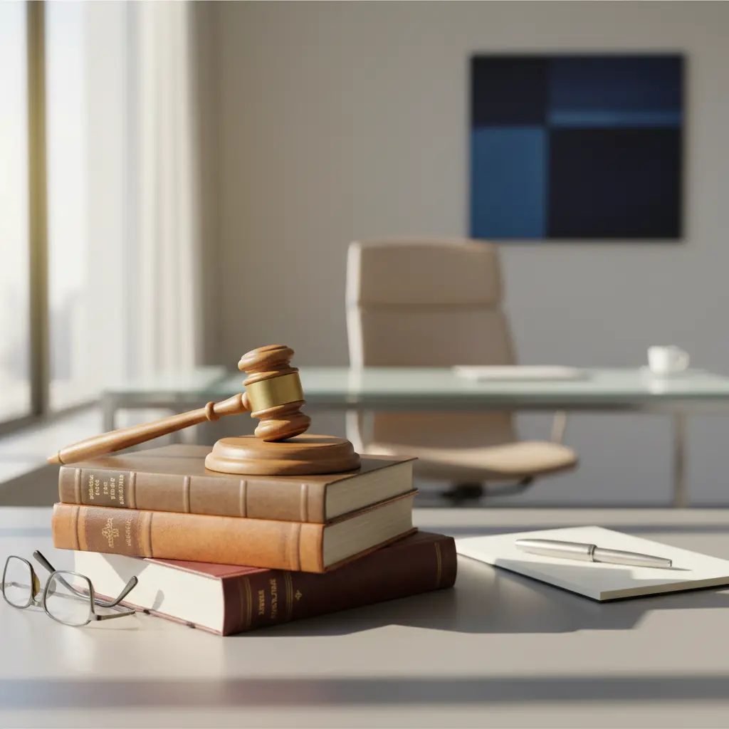 Legal books and gavel in attorney office at golden hour Stack of leather-bound legal books and wooden gavel on attorney desk with arched windows at sunset