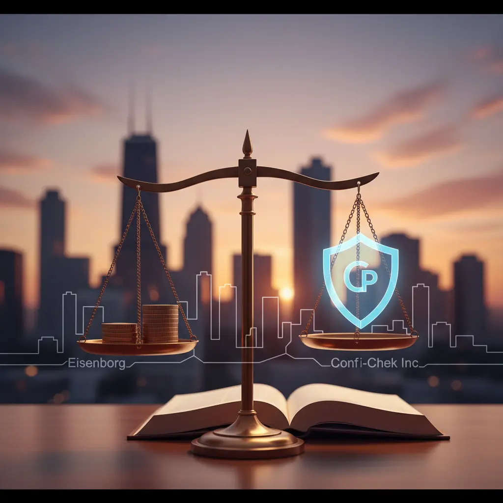 Gavel and data privacy shield — Eisenberg v. Confi-Chek class action Judge's gavel, legal document, and tablet showing data privacy shield icon for Eisenberg v. Confi-Chek settlement