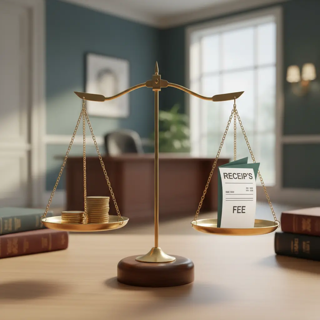 Applebee's Tray, Receipt, and Magnifying Glass — Hidden Fees Class Action Restaurant tray with magnifying glass and receipt on a conference table beside an Applebee's neon sign, representing the hidden fees class action lawsuit