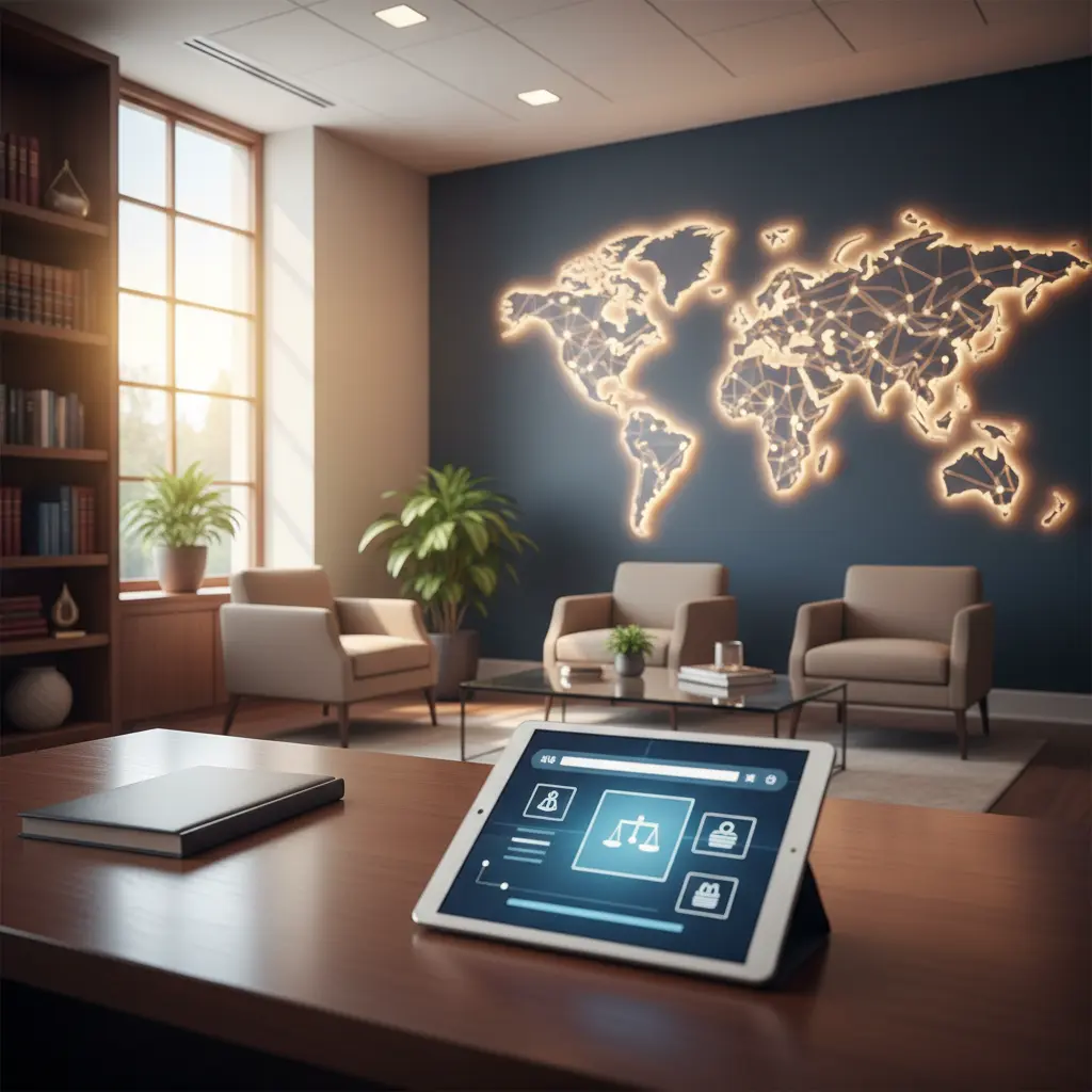 Three attorneys in suits reviewing a digital legal network interface on a conference room table, illustrating law firm online presence strategy