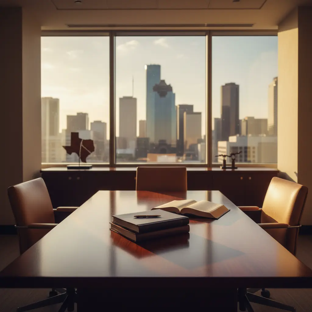 A modern Texas law firm meeting room with law books on a table overlooking a city skyline.