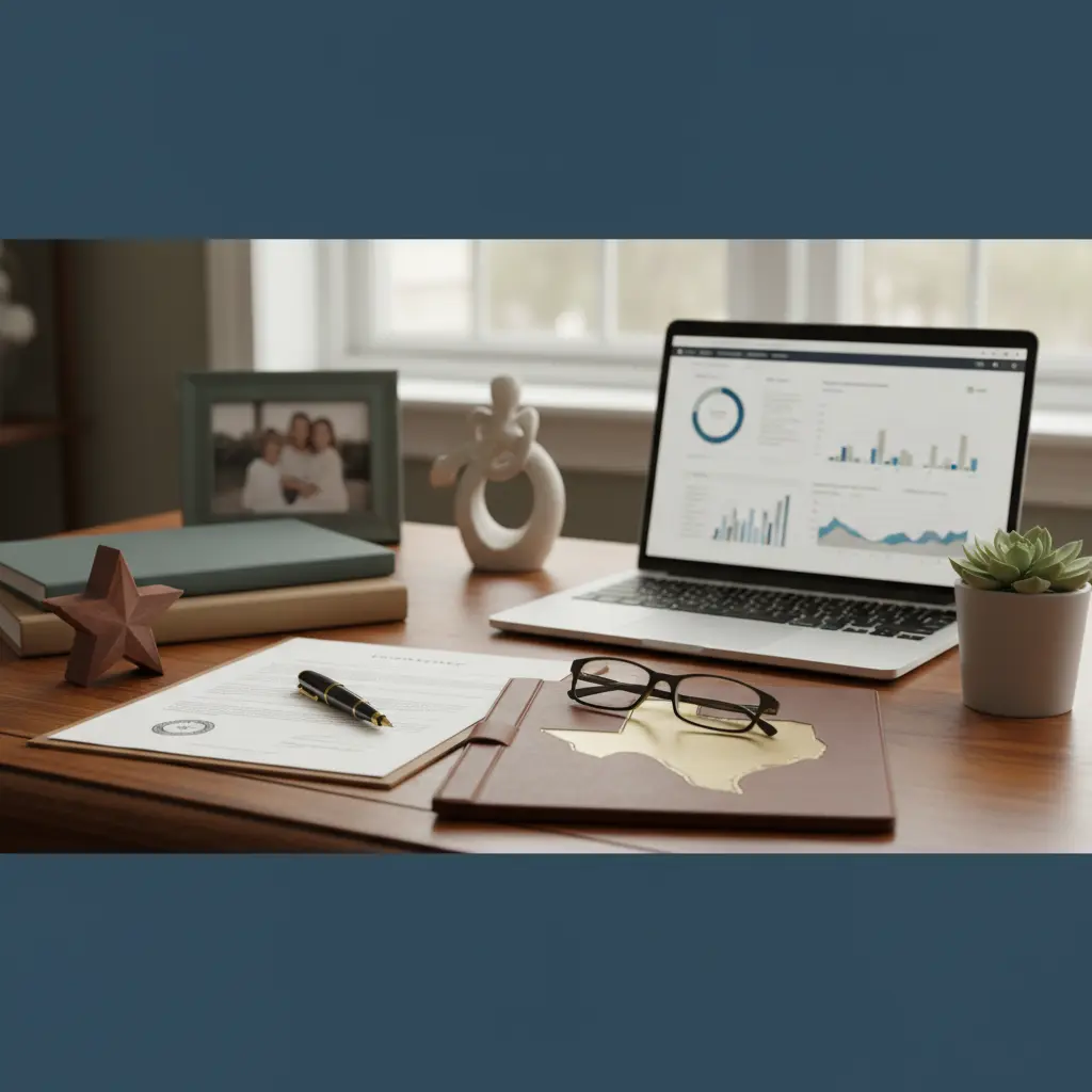 A wooden desk with a signed legal document, fountain pen, reading glasses, a laptop displaying financial charts, a family photo frame, and a Texas star decoration — representing the cost of creating a will in Texas.