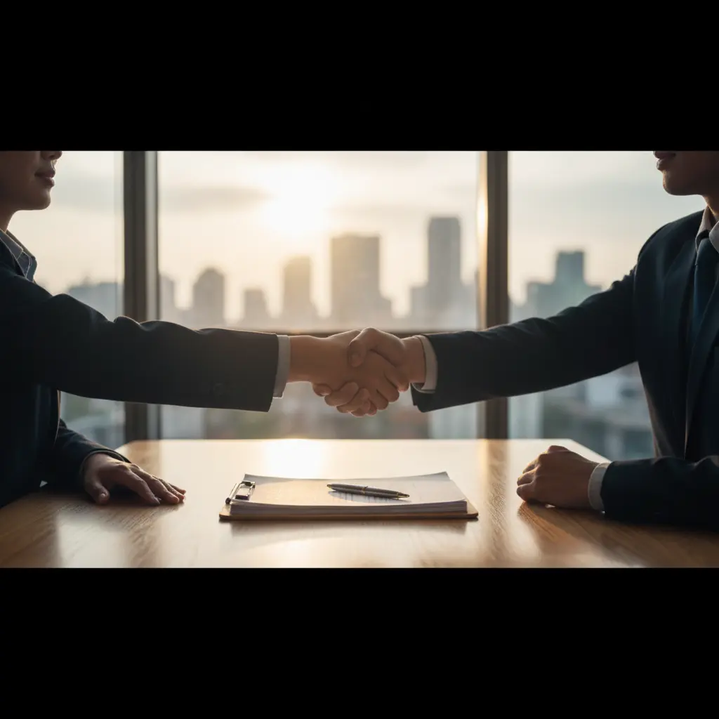Injured client on crutches shakes hands with a top-rated personal injury lawyer in a Houston office at sunset.