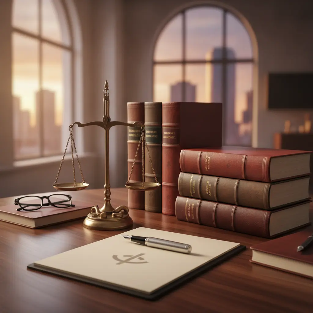 Client reviewing a written fee agreement with an attorney in a New York City law office, Manhattan skyline through the window