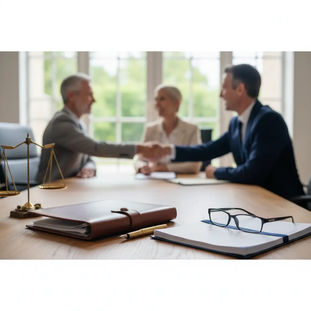 Estate planning lawyer's California office desk with bound trust documents, quill, family sculpture, glasses, and leather journal.