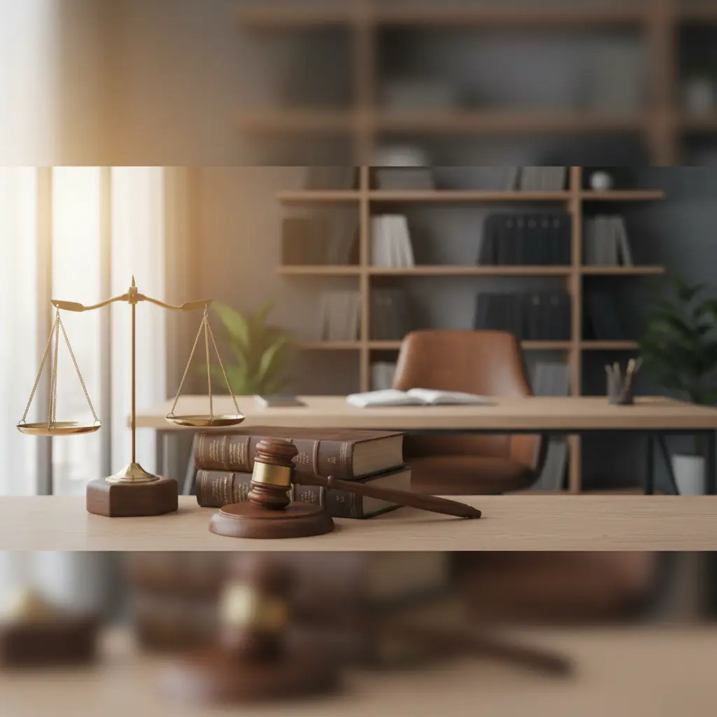 Law office desk with gavel, legal books, laptop showing digital network, and city skyline at dusk