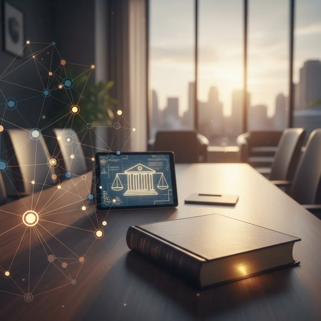 Modern law office conference room with tablet showing courthouse icon and digital network illustrating aerobus call recording settlement privacy litigation.