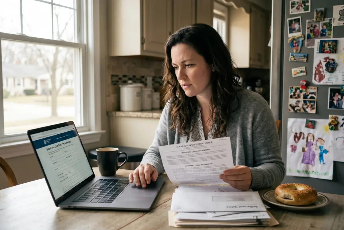 Filing a Class Action Settlement Claim From Home Woman at kitchen table reading a class action settlement notice while filing a claim form on her laptop.