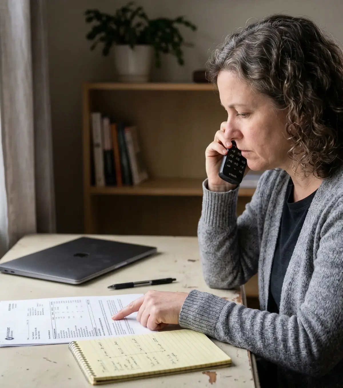 Woman Calling Her Bank After a Debt Relief Scam A woman calls her bank while reviewing a printed statement at home after paying a debt relief company scam refund claim.