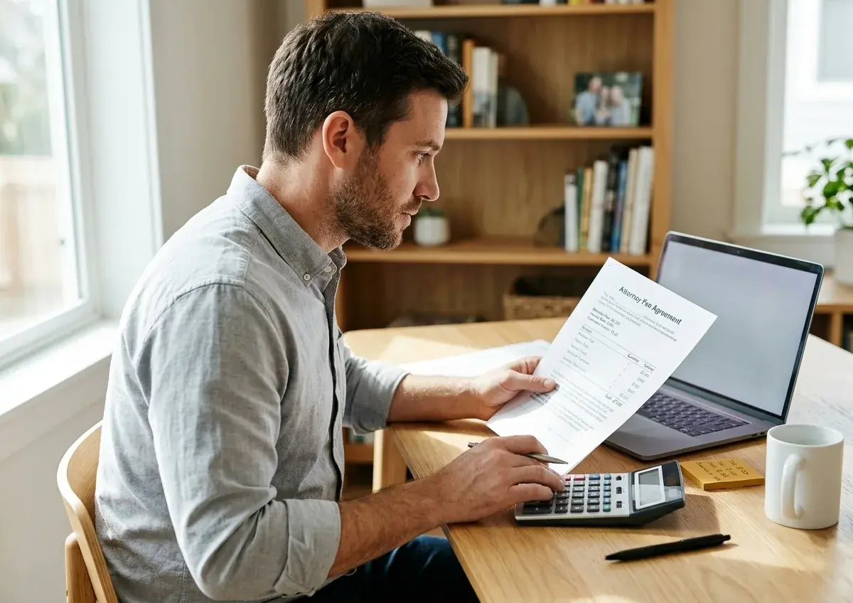 Man reviewing an attorney fee agreement with a calculator, comparing Texas employment lawyer hourly rate and contingency costs at a home office desk
